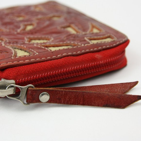 Leathers in Leather Floral Embossed Cut Out Zip Around Wallet Clutch Red Maroon - Picture 6 of 8